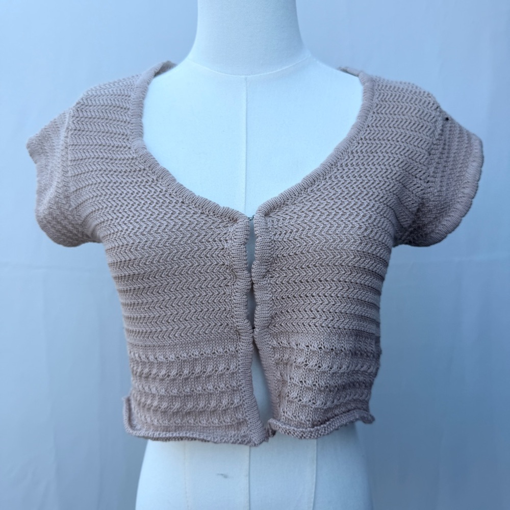 Knit While You're Ahead Taupe Crochet Short Sleeve Top‎ Sz Med